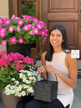 Load image into Gallery viewer, Ata Square Straw Bag with Leather Handles - Square 7" Rattan Bag, Straw Purse, Boho Wicker, Batik Lining made in Bali