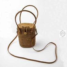 Load image into Gallery viewer, Ata Straw Bag with 2 Top Handle and Optional Long Strap - Natural Rattan Bag, Straw Purse, Boho Wicker, Batik Lining Made in Bali