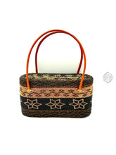 Load image into Gallery viewer, Bali Beaded Handbag | Handmade Black, Brown & Peach Star Patterned Glass Beading on Ata Straw Purse, Leather Straps
