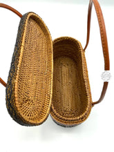 Load image into Gallery viewer, Bali Beaded Handbag | Handmade Black, Brown & Peach Star Patterned Glass Beading on Ata Straw Purse, Leather Straps