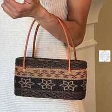 Load image into Gallery viewer, Bali Beaded Handbag | Handmade Black, Brown & Peach Star Patterned Glass Beading on Ata Straw Purse, Leather Straps