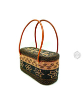 Load image into Gallery viewer, Bali Beaded Handbag | Handmade Black, Brown & Peach Star Patterned Glass Beading on Ata Straw Purse, Leather Straps