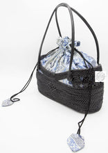 Load image into Gallery viewer, Black Boat Bag With Top Handles Blue-White Drawstring Lining Handbags