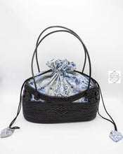Load image into Gallery viewer, Black Boat Bag With Top Handles Blue-White Drawstring Lining Handbags