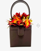 Load image into Gallery viewer, Chocolate Espresso Silk Square Box Bag With Fire Orange Tipped And Speckled Green Orchids Handbags