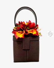 Load image into Gallery viewer, Chocolate Espresso Silk Square Box Bag With Fire Orange Tipped And Speckled Green Orchids Handbags