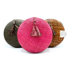 Load image into Gallery viewer, Circle Leather Strap and Tassel Woven Straw Handbag | Round Straw Rattan Handbag