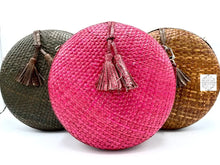 Load image into Gallery viewer, Circle Leather Strap and Tassel Woven Straw Handbag | Round Straw Rattan Handbag
