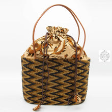 Load image into Gallery viewer, Large Bali Beaded Tote Bag, Handmade Multi-Colored Glass Beading on Ata Straw Purse, Drawstring Batik Lining with Leather Straps