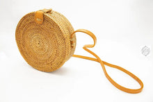 Load image into Gallery viewer, Round Ata Straw Bag with Crossbody Strap - Natural 8" Rattan Bag, Straw Purse, Boho Wicker, Batik Lining, Handmade in Bali, spring style