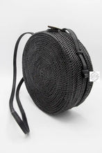 Load image into Gallery viewer, Round Black Ata Straw Bag with Crossbody Strap - Natural 8" Rattan Bag, Straw Purse, Boho Wicker, Batik Lining, Bali