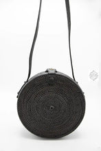 Load image into Gallery viewer, Round Espresso-Wine Ata Straw Bag-Crossbody Strap - Natural Round 8" Rattan Bag, Also in Black-Boho Wicker, Batik Lining, Bali