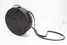 Load image into Gallery viewer, Round Espresso-Wine Ata Straw Bag-Crossbody Strap - Natural Round 8" Rattan Bag, Also in Black-Boho Wicker, Batik Lining, Bali