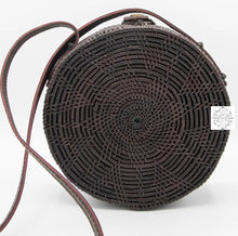 Load image into Gallery viewer, Round Espresso-Wine Ata Straw Bag-Crossbody Strap - Natural Round 8" Rattan Bag, Also in Black-Boho Wicker, Batik Lining, Bali