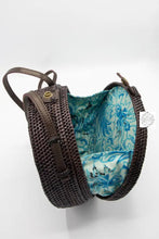 Load image into Gallery viewer, Round Espresso-Wine Ata Straw Bag-Crossbody Strap - Natural Round 8" Rattan Bag, Also in Black-Boho Wicker, Batik Lining, Bali