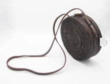 Load image into Gallery viewer, Round Espresso-Wine Ata Straw Bag-Crossbody Strap - Natural Round 8" Rattan Bag, Also in Black-Boho Wicker, Batik Lining, Bali