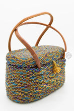 Load image into Gallery viewer, Small Bali Beaded Handbag, Handmade Multi-Colored, Diamond patterned Glass Beading on Ata Straw Purse, Leather Straps