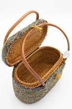 Load image into Gallery viewer, Small Bali Beaded Handbag, Handmade Multi-Colored, Diamond patterned Glass Beading on Ata Straw Purse, Leather Straps