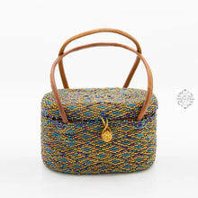 Load image into Gallery viewer, Small Bali Beaded Handbag, Handmade Multi-Colored, Diamond patterned Glass Beading on Ata Straw Purse, Leather Straps