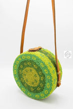 Load image into Gallery viewer, Small Round Bali Beaded Handbag, Handmade Green & Yellow Flower Design, Glass Beading on Ata Straw Purse, Leather Crossbody Strap