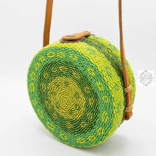 Load image into Gallery viewer, Small Round Bali Beaded Handbag, Handmade Green & Yellow Flower Design, Glass Beading on Ata Straw Purse, Leather Crossbody Strap