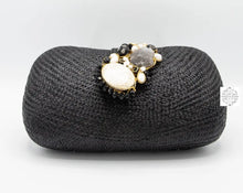 Load image into Gallery viewer, Soft Curve Black Straw Clutch With Stone Closure (With Optional Reception Strap) Handmade By