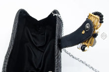 Load image into Gallery viewer, Soft Curve Black Straw Clutch With Stone Closure (With Optional Reception Strap) Handmade By