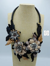 Load image into Gallery viewer, Soft Leather Flower Necklace - Cream Dove Gray Blush Pink Tan And Black Handmade Flowers Handbags