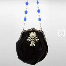 Load image into Gallery viewer, Vintage Pin Handbag, Black Silk Clutch with Beaded Strap, Swarovski Crystal Handle and Rhinestone Pin, Special Occasion Purse