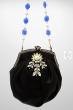 Load image into Gallery viewer, Vintage Pin Handbag, Black Silk Clutch with Beaded Strap, Swarovski Crystal Handle and Rhinestone Pin, Special Occasion Purse