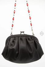 Load image into Gallery viewer, Vintage Pin Handbag, Black Silk Clutch with Red Beaded Strap, Swarovski Crystal Handle and Rhinestone Pin, Special Occasion Purse