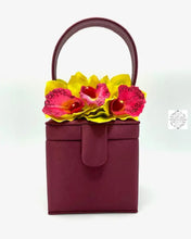 Load image into Gallery viewer, Wine Silk Square Box Bag With Chartreuse Yellow Flowers Handbag & Wallet Accessories