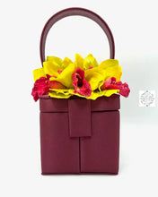 Load image into Gallery viewer, Wine Silk Square Box Bag With Chartreuse Yellow Flowers Handbag & Wallet Accessories