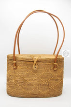 Load image into Gallery viewer, Ata Straw Bag With Lid And Top Handles - Natural Rattan Purse Boho Wicker Batik Lining Made In Bali
