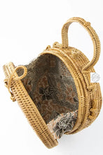 Load image into Gallery viewer, Ata Straw Bag with Woven Handle and Leather Crossbody Strap - Natural Round 8&quot; Rattan Bag, Straw Purse, Boho Wicker, Batik Lining, Bali
