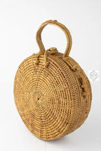 Load image into Gallery viewer, Ata Straw Bag with Woven Handle and Leather Crossbody Strap - Natural Round 8&quot; Rattan Bag, Straw Purse, Boho Wicker, Batik Lining, Bali
