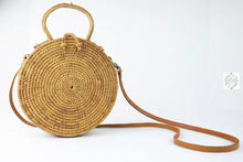 Load image into Gallery viewer, Ata Straw Bag with Woven Handle and Leather Crossbody Strap - Natural Round 8&quot; Rattan Bag, Straw Purse, Boho Wicker, Batik Lining, Bali
