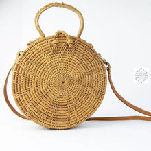 Load image into Gallery viewer, Ata Straw Bag with Woven Handle and Leather Crossbody Strap - Natural Round 8&quot; Rattan Bag, Straw Purse, Boho Wicker, Batik Lining, Bali
