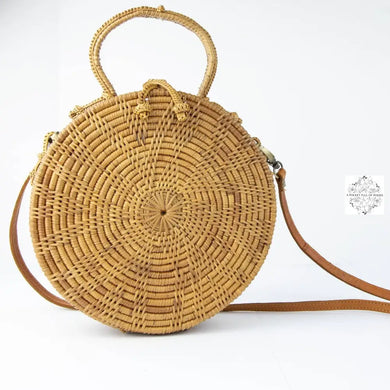 Ata Straw Bag with Woven Handle and Leather Crossbody Strap - Natural Round 8