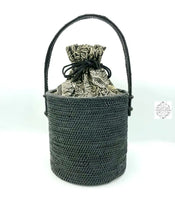 Load image into Gallery viewer, Ata Straw Bucket Bag With Handles Rattan Wicker Batik Drawstring Lining Black Handbags
