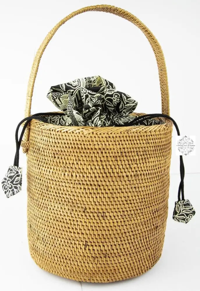 Ata Straw Bucket Bag With Handles Rattan Wicker Batik Drawstring Lining Natural Handbags