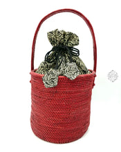 Load image into Gallery viewer, Ata Straw Bucket Bag With Handles Rattan Wicker Batik Drawstring Lining Red Handbags
