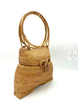 Load image into Gallery viewer, Ata Straw Happy Buddha Bag with Lid and Top Handles - Natural Rattan Bag, Straw Purse, Boho Wicker, Batik Lining Made in Bali
