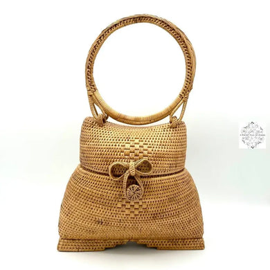 Ata Straw Happy Buddha Bag with Lid and Top Handles - Natural Rattan Bag, Straw Purse, Boho Wicker, Batik Lining Made in Bali