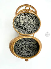 Load image into Gallery viewer, Ata Straw Happy Buddha Bag with Lid and Top Handles - Natural Rattan Bag, Straw Purse, Boho Wicker, Batik Lining Made in Bali
