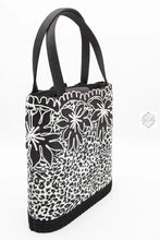 Load image into Gallery viewer, Black and White Paillette, Vintage French Embroidered, Handmade Bucket Handbag, Embellished Purse with Floral and Cheetah print design
