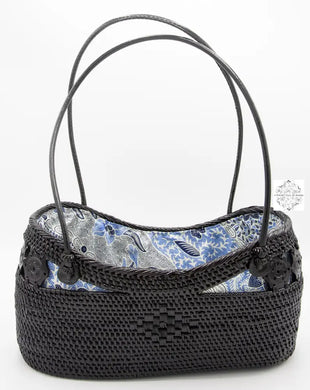 Black Boat Bag With Top Handles Blue-White Drawstring Lining Handbags