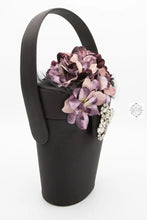 Load image into Gallery viewer, Black Silk Flowerpot Handbag with Purple Velvet Flowers, Tulle, Vintage Rhinestone Pin, Special Occasion Purse, Top Handle or Overshoulder
