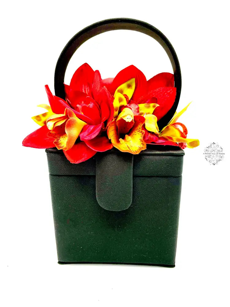 Black Silk Square Box Bag With Colorful Orchids Handbag & Wallet Accessories