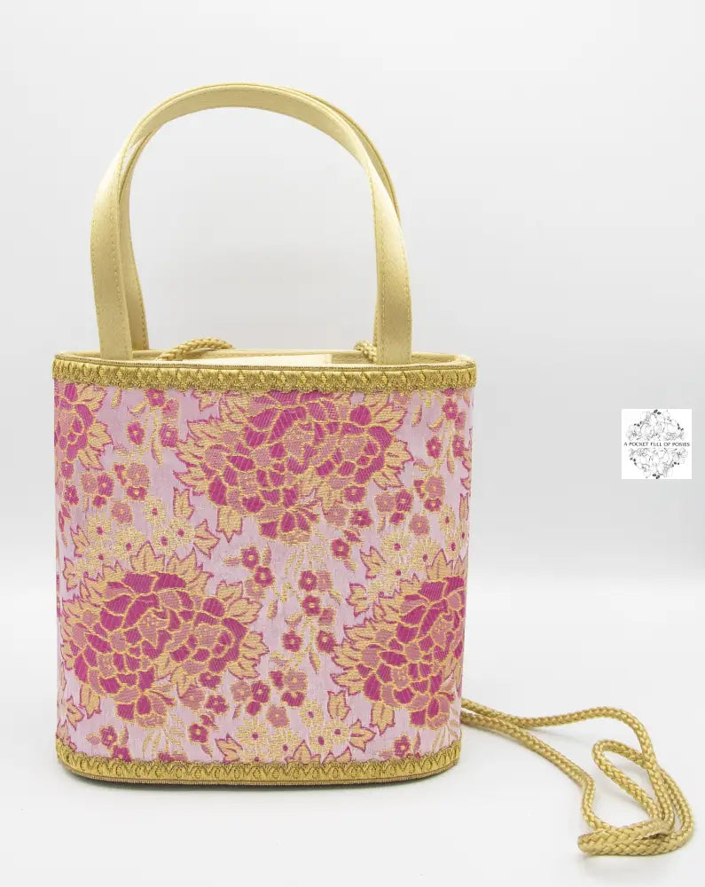 Bucket Bag With Optional Long Strap - Gold & Pink Brocade Handbags